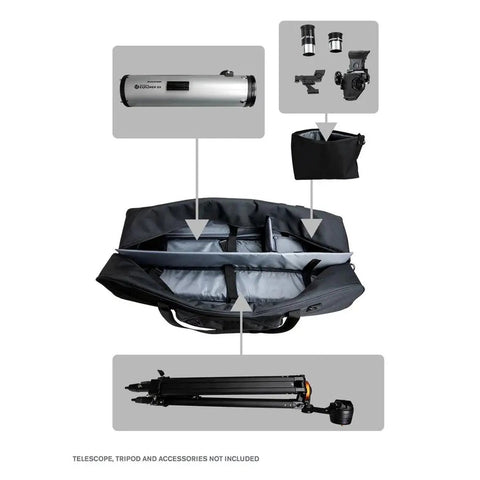 Open 40 Inch Telescope Bag With Full Kit Storage Case showing transformable padded compartments for telescope mount, tripod, accessories.