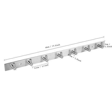 Wall Mounted 17 Inch Towel Rack With 7 Heavy Duty Hooks No Fuss Easy Install Coat Rail For Bathroom Bedroom Entryway Hallway Office Or Kitchen 304 Stainless Steel Brushed Nickel Finish shown with dimensions.