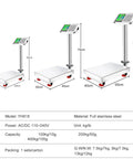 Heavy Duty Workhorse Foldable Digital Platform Scale No Sweat Go To For Postal Shipping And Luggage Checking Big Load Capacity Weighing Machine With Durable Steel Surface And Switchable Units showing dimensions and stainless steel material.