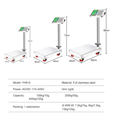 Heavy Duty Workhorse Foldable Digital Platform Scale No Sweat Go To For Postal Shipping And Luggage Checking Big Load Capacity Weighing Machine With Durable Steel Surface And Switchable Units showing dimensions and stainless steel material.