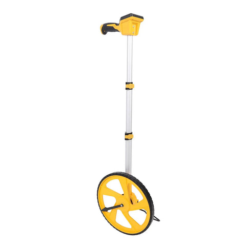 Built Tough Digital Measuring Wheel With Backlit Display Telescopic Handle Adjusts From 23 To 40 Inches Stores Five Readings and features a yellow wheel with a sturdy frame.