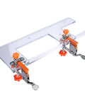 Rock Solid Heavy Duty Adjustable Wood Drawer Slide Jig With Dead On Positioning Clips and Grip It Tight design, clear base and orange clamps.