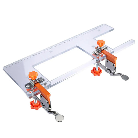 Rock Solid Heavy Duty Adjustable Wood Drawer Slide Jig With Dead On Positioning Clips and Grip It Tight design, clear base and orange clamps.