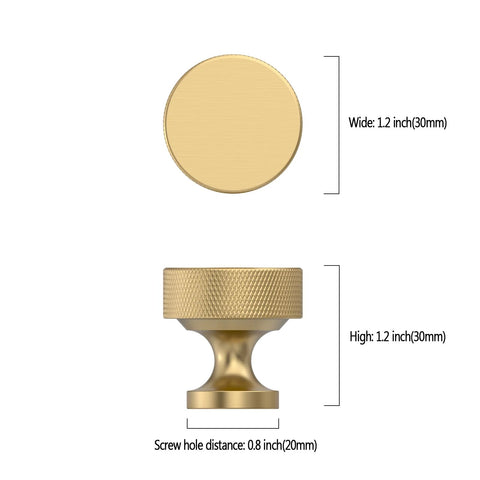 Top and side view of Champagne Bronze Knurled Cabinet Knobs 10 Pack with dimensions, made from zinc aluminum alloy with matte finish.