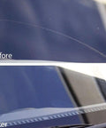 Before and after using Glass Scratch Remover Kit 34 Piece Set For Windshields And Windows showing scratch repair results.