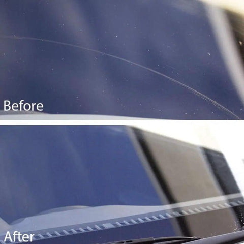 Before and after glass restoration with Glass Polishing Kit 34Pc Set For Windshields And Glass Scratch Remover Tool.