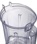 Top angle of 48oz Replacement Blender Container With Blade For Explorian Series E310 Fits Medium Batches Durable BPA Free Polycarbonate Jar Clear See Through Design Easy To Clean Dishwasher Safe Heavy Duty Plastic Budget Friendly showing clear polycarbonate material and measurement markings.