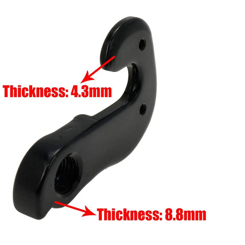 2 Pack Universal Bicycle Derailleur Hanger Replacement For Most Bikes Black Frame Tail Hook showing thickness measurements