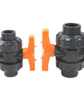 Built Tough Heavy Duty Pvc Ball Valve With Double Union Connector And Rock Solid Check Valve, 75-110 mm, black with orange handle.