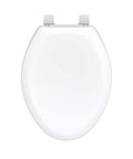 Built Tough Elongated Toilet Seat Made From Heavy Duty Polypropylene For Crack Resistant Durability And No Nonsense Standard Close Function In Classic White Finish, top view of oval toilet lid.