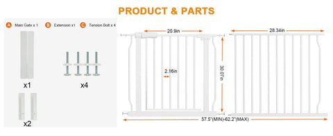 Diagram of Extra Wide Baby Gate For Stairs And Doorways Easy Walk Through Design Adjustable 57.5 to 62 Inch Width Parts