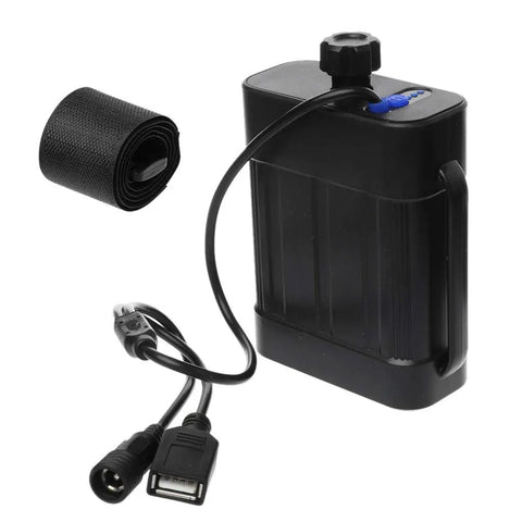 Kickass Slick IPX7 8.4V Rechargeable Battery Pack For Bikes And Cycling Headlamps Featuring Solid Waterproof Housing With Usb Output Port And Tough Bracket Mount Storage Case with USB cable and strap.
