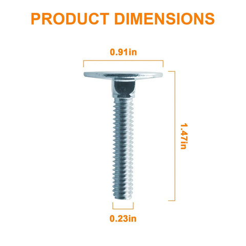 10 Pack Hella Sturdy Elevator Bolts 1/4-20 X 1-1/2 Inch Flat Head Heavy Duty Fasteners Built Damn Tough For Flush Countersunk Deck Wood Framing Camper Builds And Garage Wall Mounts With Zero Snags dimensions 0.91 in flat head, 1.47 in long, 0.23 in thick.