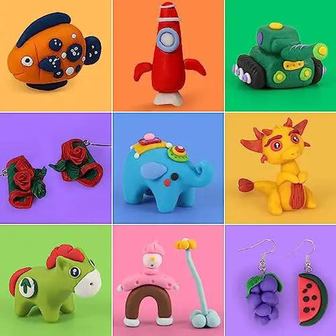 9 clay models made with 60 Color Polymer Clay Starter Kit For Kids And Adults DIY Modeling Clay Oven Bake Art And Crafts Set