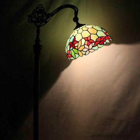 Tiffany Style Floor Lamp With Dope Stained Glass Shade In Red And Green Floral Arched Gooseneck Reading Light Bronze Base Tall 66 Inch Arc UL Certified Foot Switch