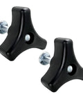 Rugged Lawn Mower Handle Knob And Replacement Bolts Kit Crafted From Shatter Proof Abs Plastic Plus Rust Resistant Metal For Tough Yard Duty, two black ABS knobs with silver bolts.