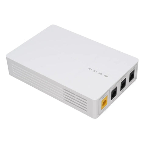 Mini Ups Backup Power Supply 6000Mah Battery Pack For Router Modem And WiFi Network showing input and output jacks.