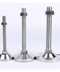 Rugged Heavy Duty Adjustable Leveling Feet M10x50mm Thread Set Of Four Quick Twist Lock For Shop Racks And Heavy Gear, three sizes, stainless steel.