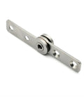 Close-up view of a stainless steel concealed hinge with constant torque damping and 360 degree rotating shaft positioning.