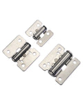 Three stainless steel damping hinge units with mounting plates and cylindrical dampers for cabinets.