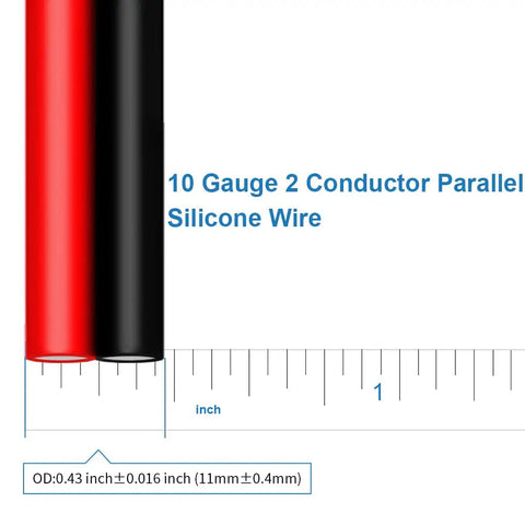 Heavy Duty 10 Gauge 2 Conductor Parallel Silicone Wire Red Black For LED Strip Extensions Ultra Flexible 600V Tinned Copper 200 C Temperature Resistant 25ft Spool close-up view with measurements