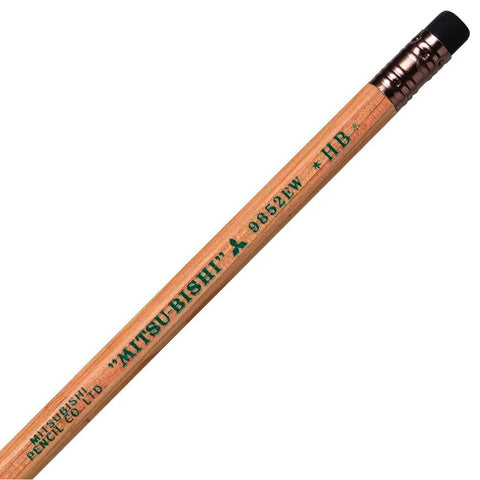 Close-up of Mitsubishi Recycled HB Pencil 9852EW With Eraser, showing wood texture and graphite lead, eco-friendly office tool.
