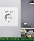 Straight Up Wall Outlet With Dual Usb Ports 5V 2 1A Fast Power 16A EU Standard mounted on a modern wall with decor.