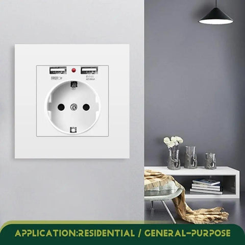 Straight Up Wall Outlet With Dual Usb Ports 5V 2 1A Fast Power 16A EU Standard mounted on a modern wall with decor.