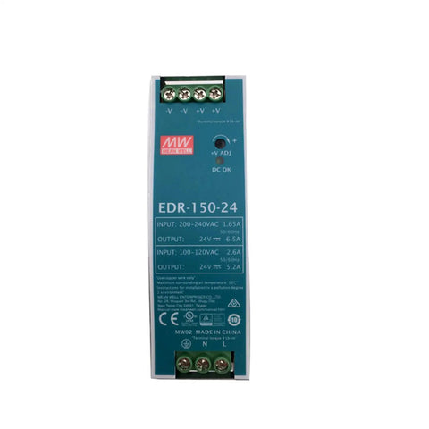 Hard As Nails 150W 24V Din Rail Power Supply delivering a rock solid 6.5 amps output with clear specifications on the front.