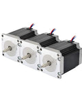 Three NEMA 23 bipolar stepper motors with silver front plates and black housings, each with protruding shaft and wiring.