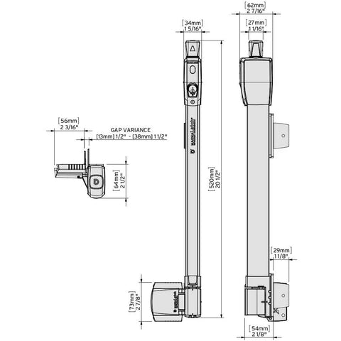 Heavy Duty Pool Safety Gate Kit Featuring Top Pull Self Latch And Dual Hinges dimensions diagram with gap variance and measurement details.