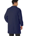 Men's Navy Blue Lab Coat With Quick Release Snap Closure Four Pockets Elastic Cuffs Long Sleeve Pro Grade Medical Lab Coat For Scientists Students And Researchers, rear view.