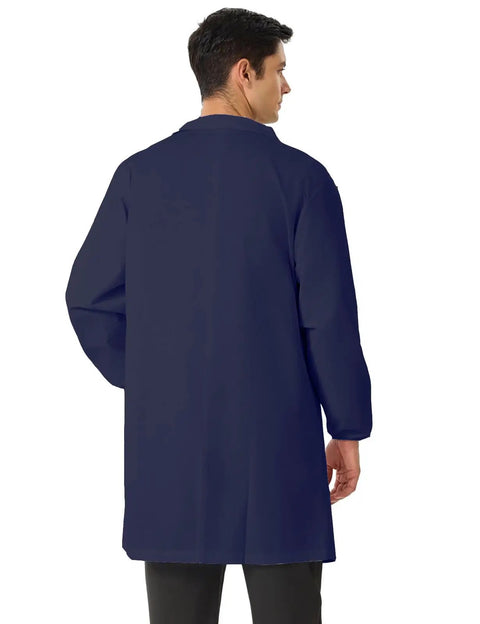 Men's Navy Blue Lab Coat With Quick Release Snap Closure Four Pockets Elastic Cuffs Long Sleeve Pro Grade Medical Lab Coat For Scientists Students And Researchers, rear view.