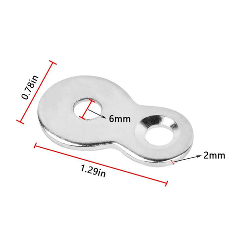 Dimensions of Rock Solid 30 Pack Figure Eight Desk Fasteners With Screws Heavy Duty Solid Steel 12 Gauge shown in close-up.