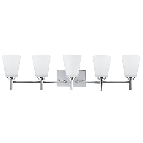 Five Light Chrome Bathroom Vanity Light Fixture With Etched White Glass Shade 33 And A Half Inch Wide Sleek Transitional Design