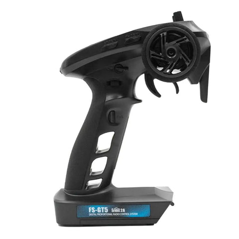 Side view of GT5 6 Channel 2.4GHz RC Transmitter With AFHDS 2A for cars and boats, ergonomic grip, steering wheel control.