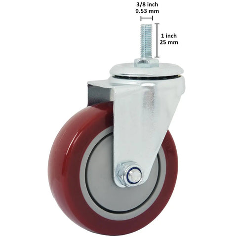 Heavy Duty Swivel Caster Wheels Featuring Slick Polyurethane Treads And A Sturdy Threaded Stem Mount, 4 inch caster.