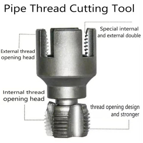 Heavy Duty 4-in-1 Water Pipe Threader Kit showing internal and external thread cutting tool design for plumbing repair.