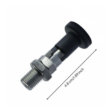 Heavy Duty Self Locking Indexing Pin With Cylindrical Stainless Steel Shaft And Secure Spring Plunge Button side view with dimensions.