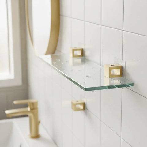 Solid Copper Glass Shelf Clip Surface Mount Bracket in bathroom, holds glass panel for floating shelf look, gold finish.