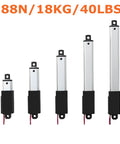 Heavy Duty Dc Micro Linear Actuator Motor Packin 188 Newtons Thrust showing five metal actuators with various lengths and connectors.
