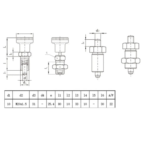 Premium M10 Push Fit Ball Nose Spring Plunger With A Built Tough Stainless Steel Housing And Slick Matte Black Finger Knobs For Smooth Indexing And Heavy Duty Workholding dimensional illustration with measurements and specifications.