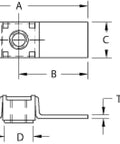 Technical drawing of 1/4-20 Weldable Floating Cage Nuts showing dimensions A, B, C, D, and T for precise installation.