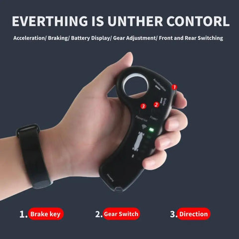 Hand holding Electric Skateboard Remote Controller For Smart Four Wheel Dual Drive Scooters, with indicators and Type C port.