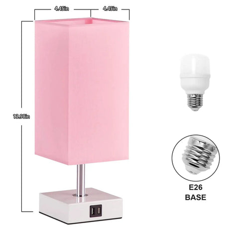 3 Way Touch Desk Lamp With USB Ports, Pink Shade Nightstand Light for Bedroom or Living Room, showing white base and LED bulb