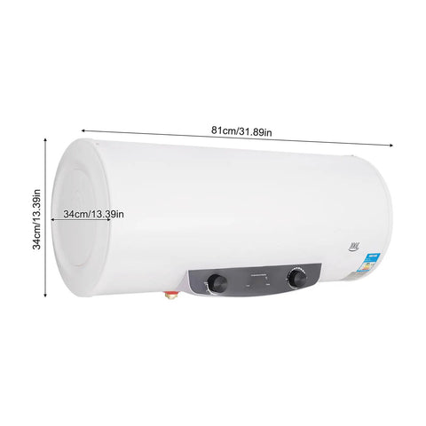 Rock Solid 15.9 Gallon Electric Water Heater With 1500 Watt Fast Heating Element, 81cm long, white cylindrical design, under sink installation.