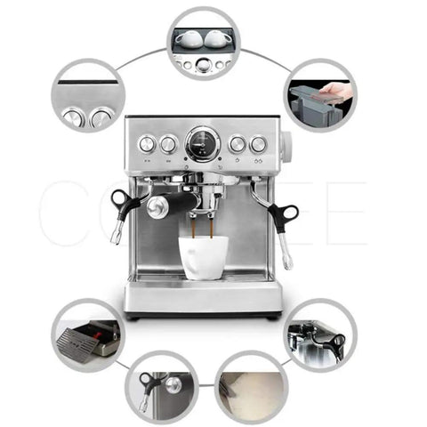 Automatic Bean To Cup Coffee Maker With An Efficient Steam Pump System delivering coffee into a white cup.