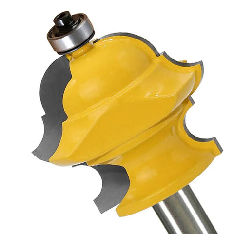Top Shelf Half Inch Shank Adjustable Multi Profile Molding Router Bit For Woodworkers showing a detailed cutting edge with yellow coating.