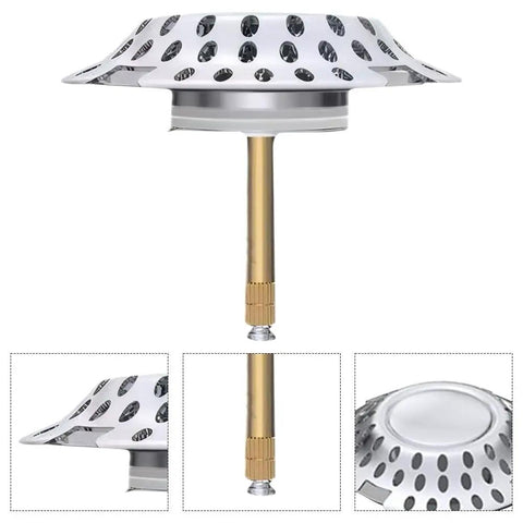 Hair Stopper Catcher Anti-Clogging Bathtub Drain Stopper with Strainer showcasing the dual-function design and mesh strainer.