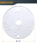 Six Point Five Inch Universal Router Base Plate With Centering Pin Cone And Pre Drilled Mounting Holes top view of clear acrylic plate